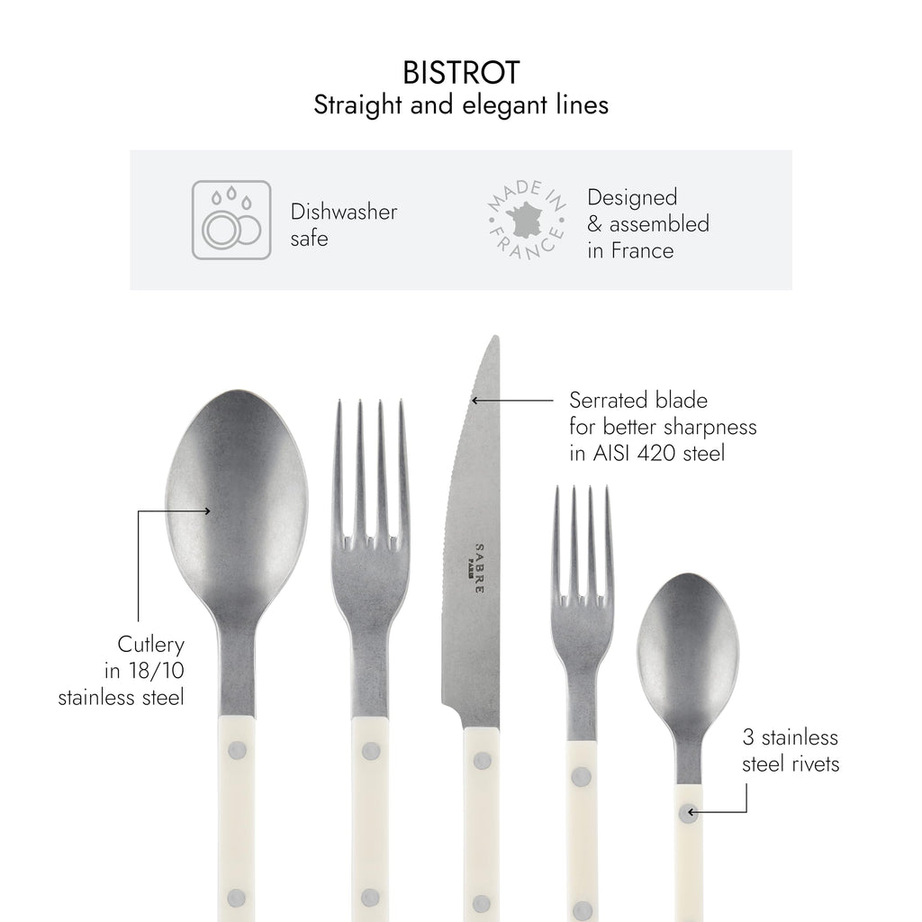 Flatware Set - Bistrot Vintage Collection - Knife, Fork, Soup Spoon, Teaspoon & Dessert Fork - Stainless