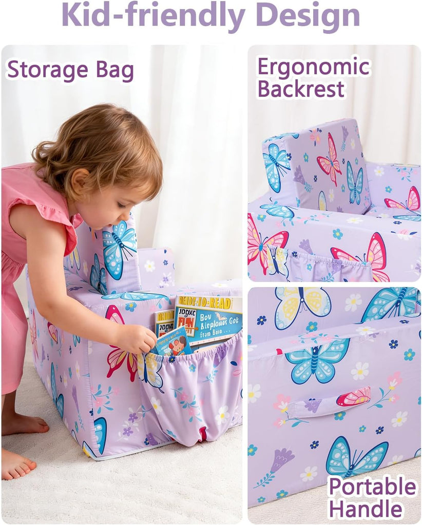 Toddler Couch, in-1 Foldable Kids Comfy Chair & Lounger, Purple Butterfly