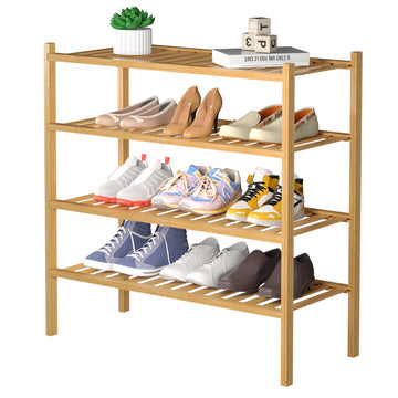 4 Tier Bamboo Shoe Rack for Closet Free Standing Wood Shoe Shelf Small Space Stackable 27"x11"x26" (Natural)