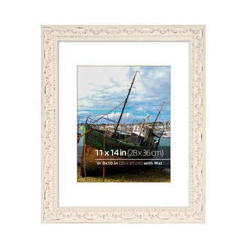 11x14 in Distressed Wood Off-white Vintage Antique Farmhouse Picture Frame, Museum Grade Off White Mat 8x10, UV