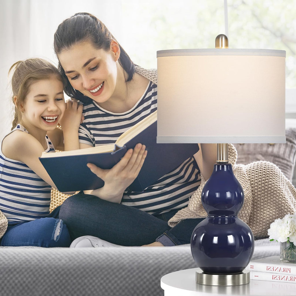 Double Gourd Ceramic Table Lamps Set of 2, Modern Navy Blue Bedside Lamps for Night Stand, Contemporary Nightstand