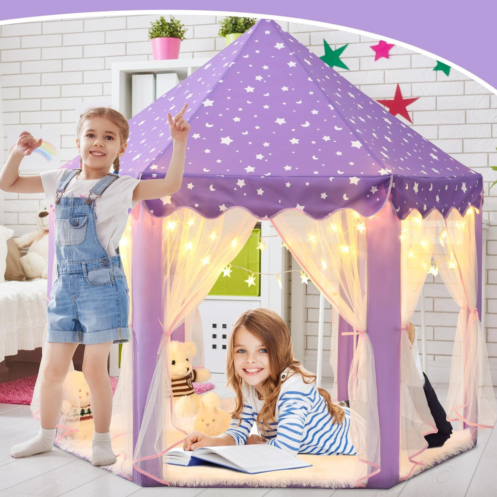 Purple Princess Tent for Girls, Kids Play Tent with LED Small Star Lights, Castle Playhouse Tent for Children Indoor