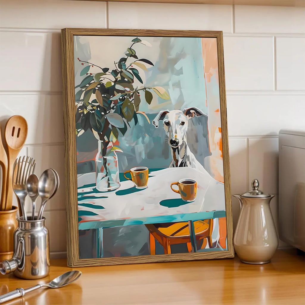 Funny Whippet Wall Art, Cute Greyhound Dog Coffee Wall Decor Painting Vintage Animal Poster Canvas Print Picture