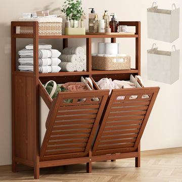 Bamboo Double Tilt Out Laundry Hamper Cabinet with 2 Bags, Walnut