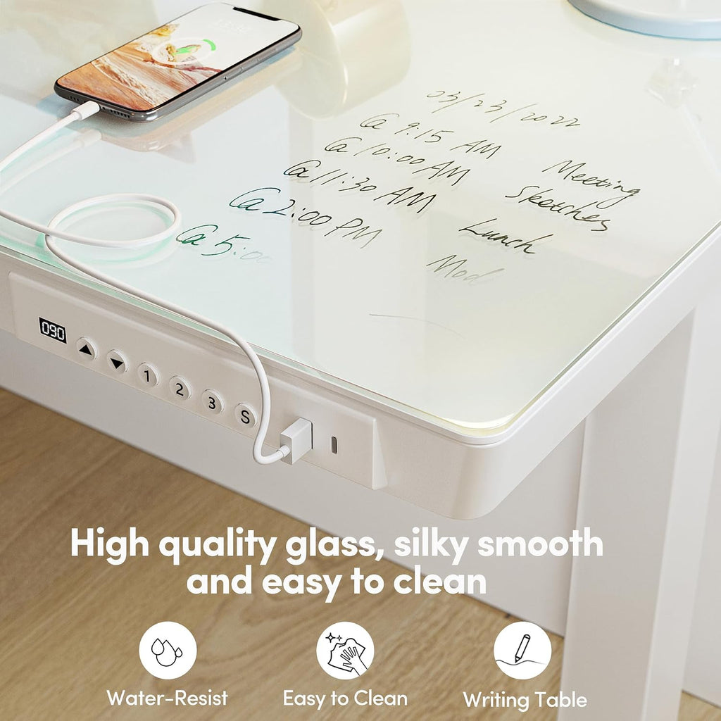 Electric Standing Desk with Drawers, 55 inch Whole-Piece Glass Desktop, Height Adjustable Stand up Sit Stand Home