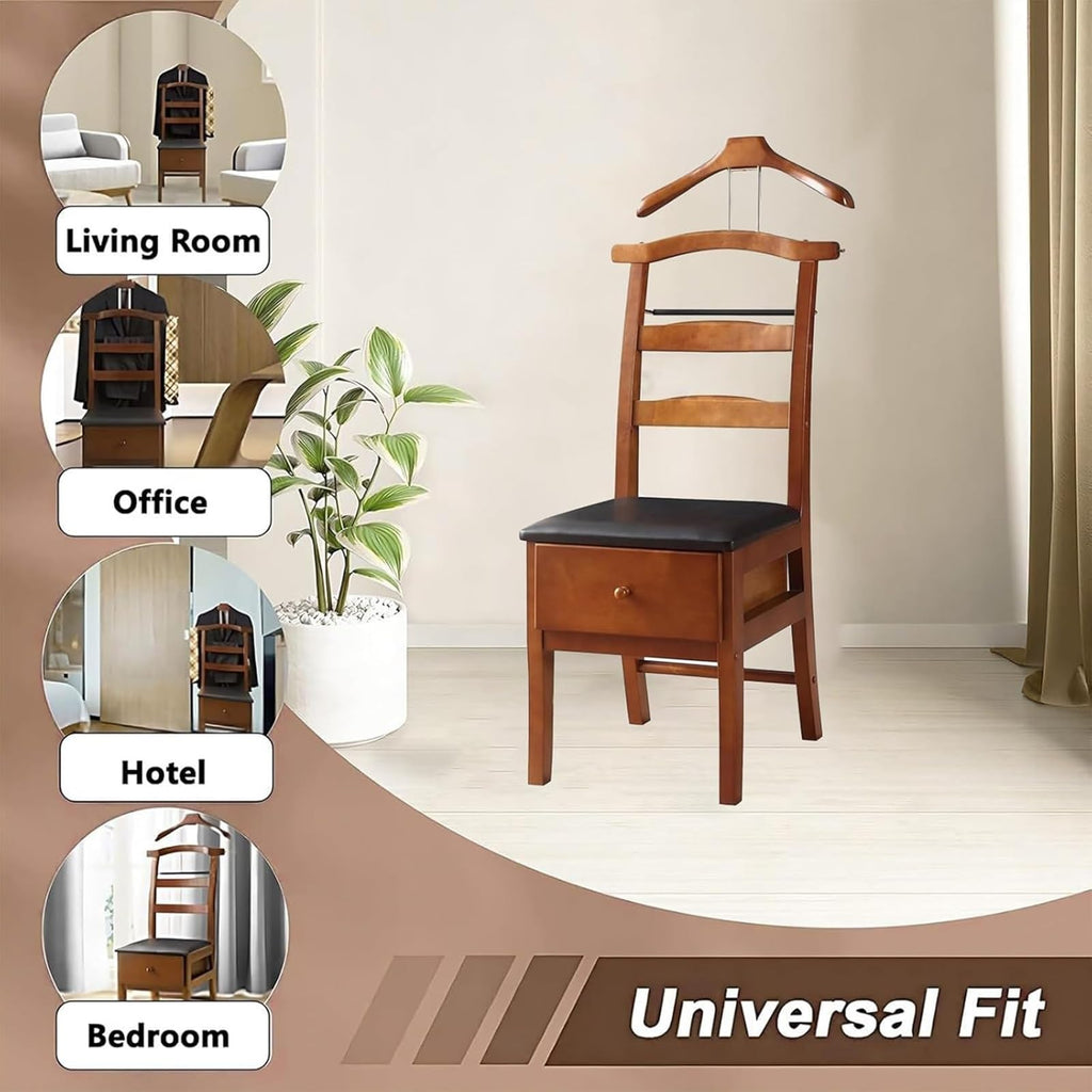 Chair Valet With Drawer, Wooden Suit Valet Stand With Contour Hanger, Trouser Bar and Tie & Belt Bar, 18" W x 23" D x