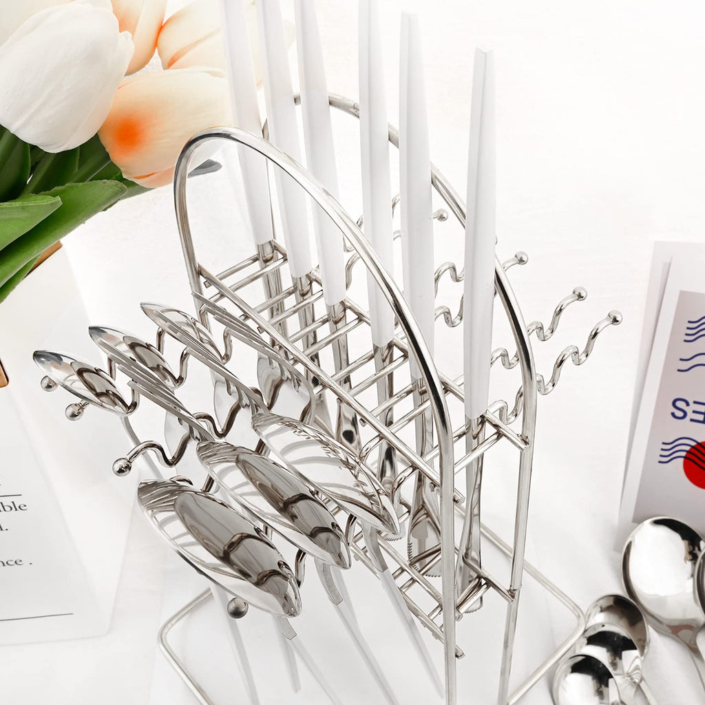 White Silver 24Pcs Flatware Set With Stand, Lightweight Dinnerware Set Stainless Steel Cutlery With White handles