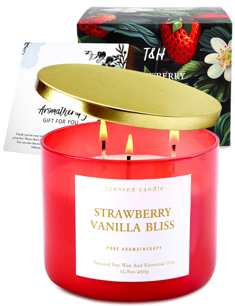 Strawberry Vanilla Bliss, 3-Wick Scented Soy Candle for Women, 15.8 Oz