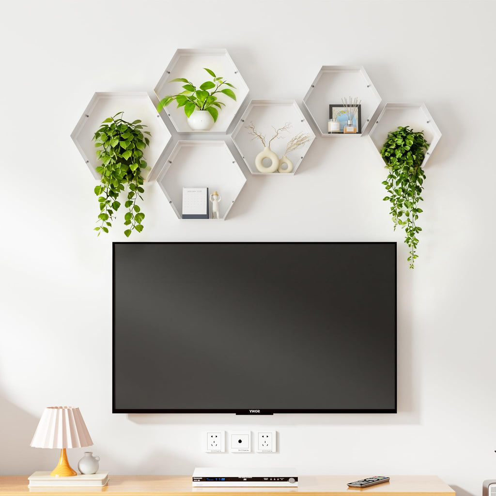 Hexagon Floating Shelves Set of 6, White Metal Wall Mounted Shelves