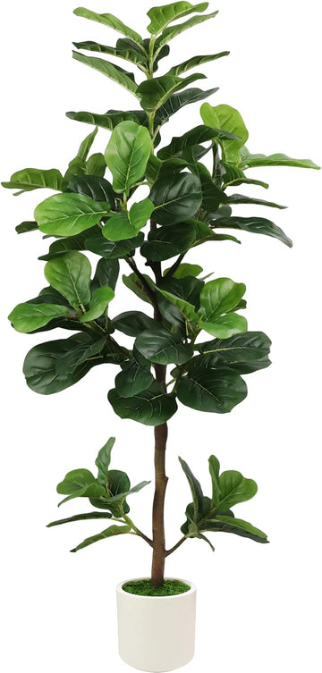 5FT Artificial Fiddle Leaf Fig Tree with White Planter & Fake Moss, Realistic Faux Ficus Lyrata Floor Plant Home