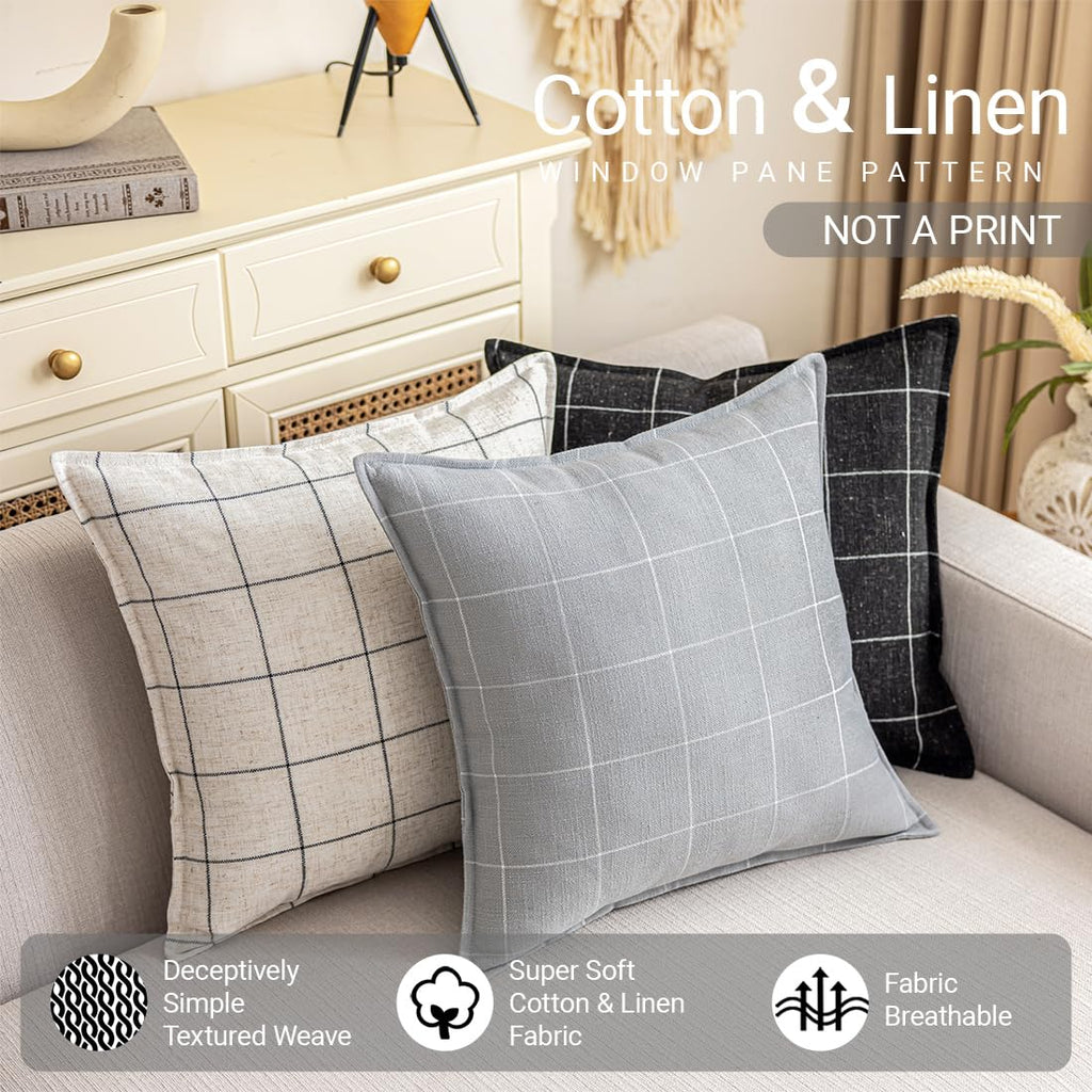 Gray Pillows Neutral Grey Plaid Linen Throw Pillow Covers 20x20 Set of 2