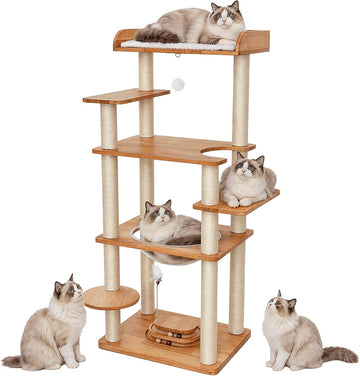 56in Wooden Cat Tree for Large Cats, Tall Sturdy Cat Tower