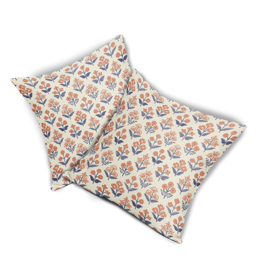 Navy Blue Orange Floral Block Print Pillow Covers 18x18 Inch Set of 2, Fall Vintage Flower Pattern Decorative Throw