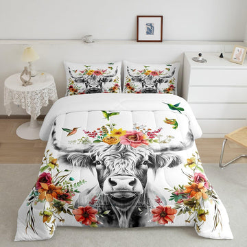 Highland Cow Floral Comforter Set Bull Cattle Flower Bedding Set Wildlife Farmhouse Cow Quilt Hummingbird