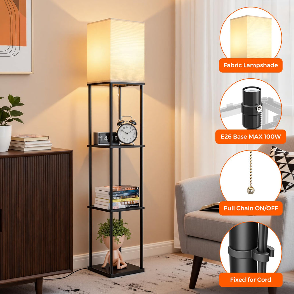 2-Pack Floor Lamp with Shelves, 3-Tier Square Bookshelf Standing Lamp