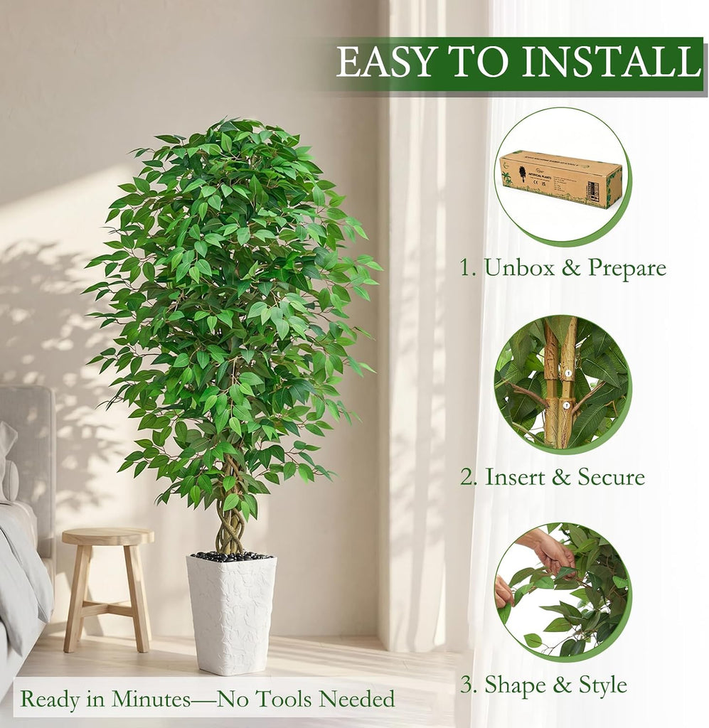 6FT Artificial Ficus Tree, Large Fake Ficus Tree White Planter