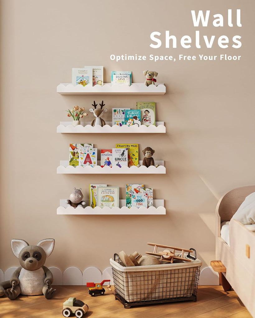 Nursery Book Shelves, Pack White Floating Shelves for Wall Kids, Scalloped Shelves, Wall Book Shelves Kids, Toddler