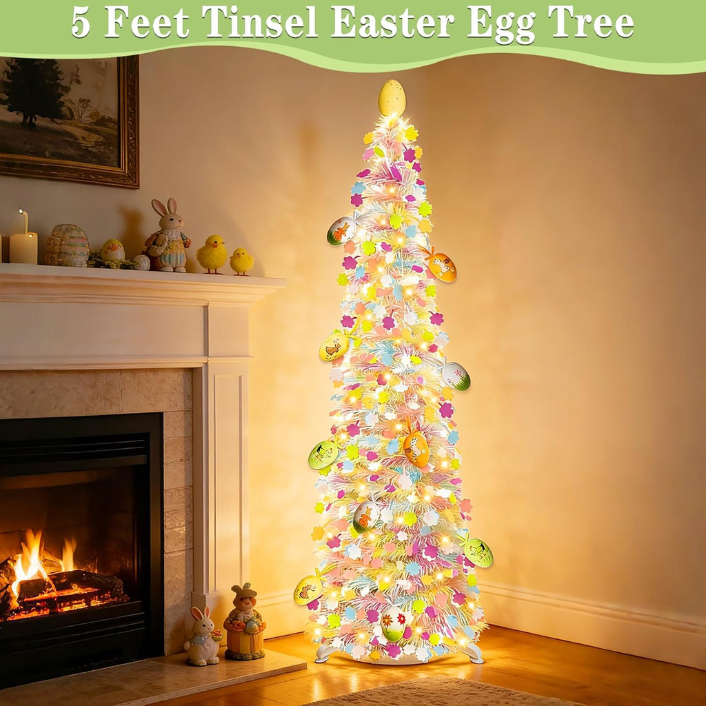 Timer - Easter Decorations, 5Ft Lighted Easter Tree with 50 LED Warm White Lights 12 Colorful Eggs Ornaments Battery