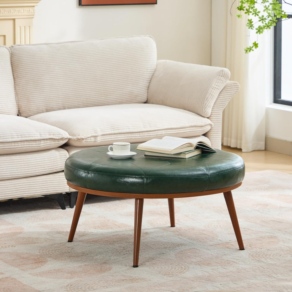 Round Ottoman, Large Faux Leather Footstool and Coffee Table, Cushioned Backless Chair, Padded Seat Footrest, (Green)