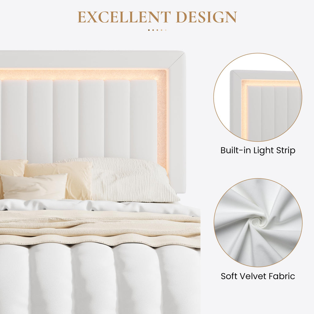 Full Size Velvet Bed Frame with LED Light, White