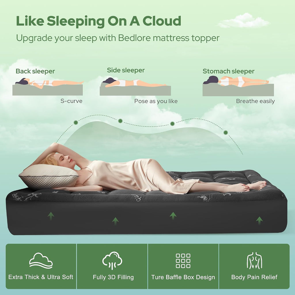 King Mattress Topper Viscose Bamboo, Thick Pillow Top Mattress Pad | Stretchable Pockets Fit 6"-18" Mattress, Soft