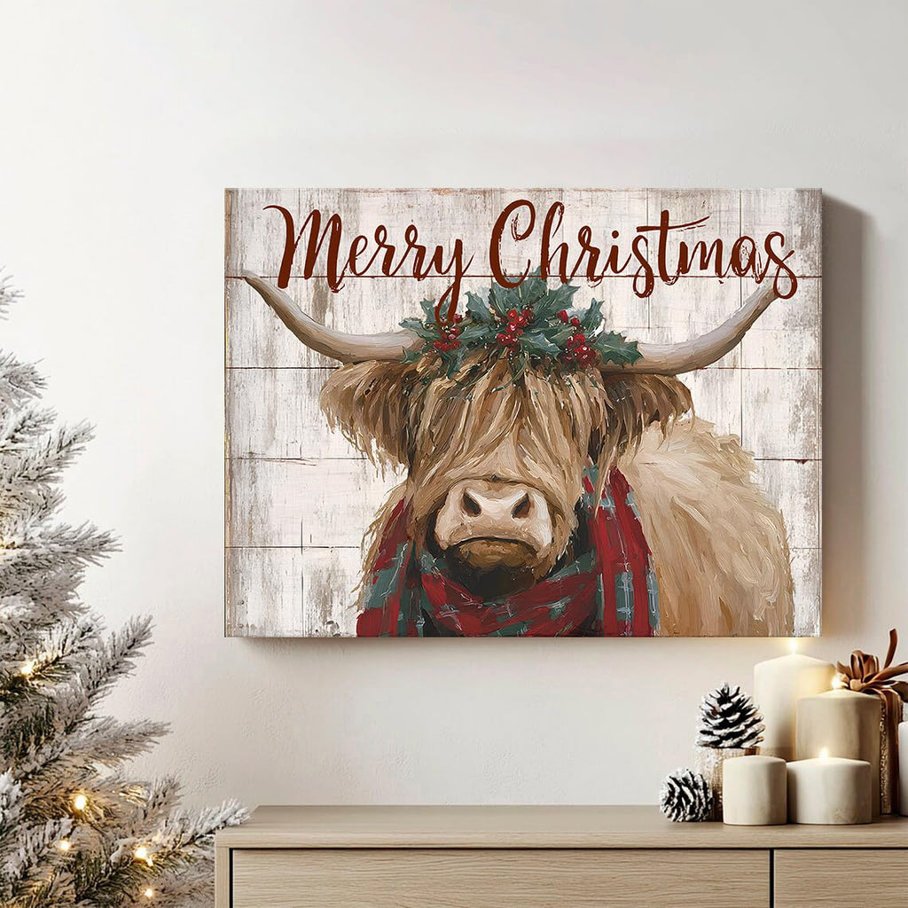 Christmas Highland Cow Wall Art Merry Christmas Sign Poster Rustic Farmhouse Cow Pictures Wall Decor Rustic Wood
