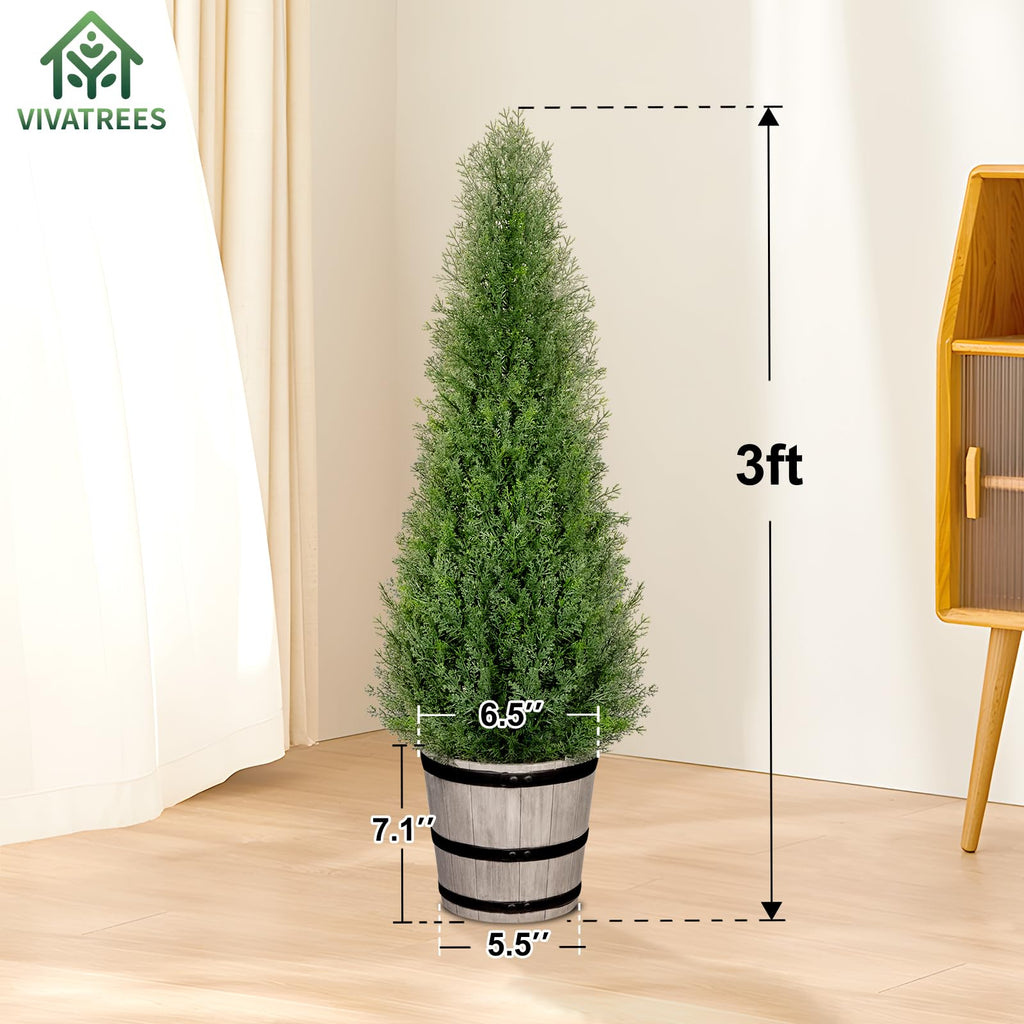 3FT Artificial Cedar Topiary Trees with Rustic Barrel Planter, Outdoor Indoor Realistic Faux Pine Shrubs Plants, Fake