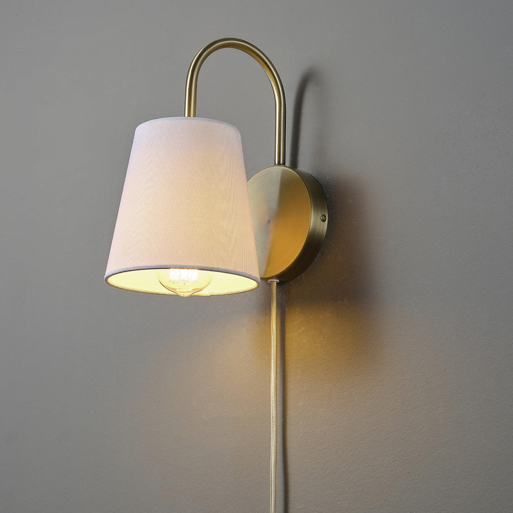Hardwire or Plug-in Wall Sconce, Matte Brass, White Textured Shade, Arched Arm, Lighting, Home Decor, Lights