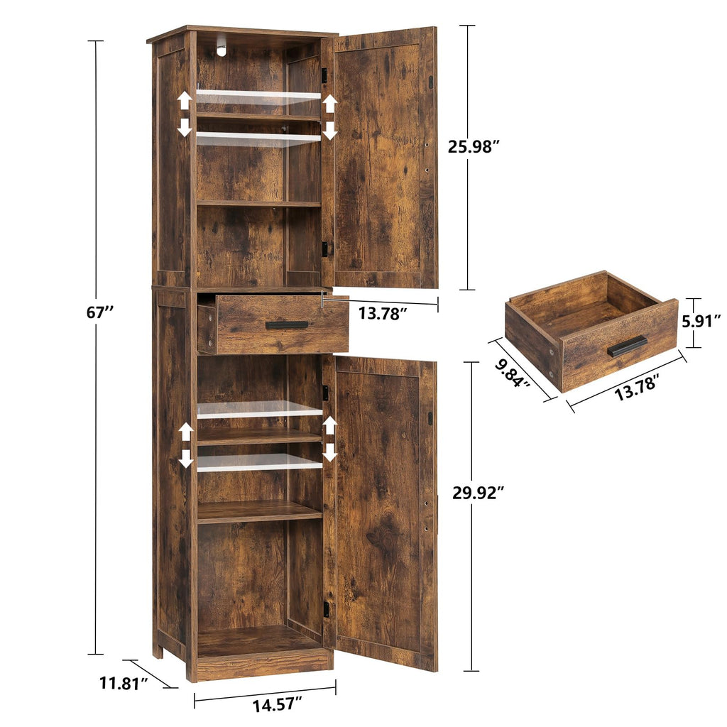 67'' Tall Storage Cabinet with Adjustable Shelves & 2 Doors, Bathroom Cabinet with 1 Drawer, Narrow Tall Cabinets