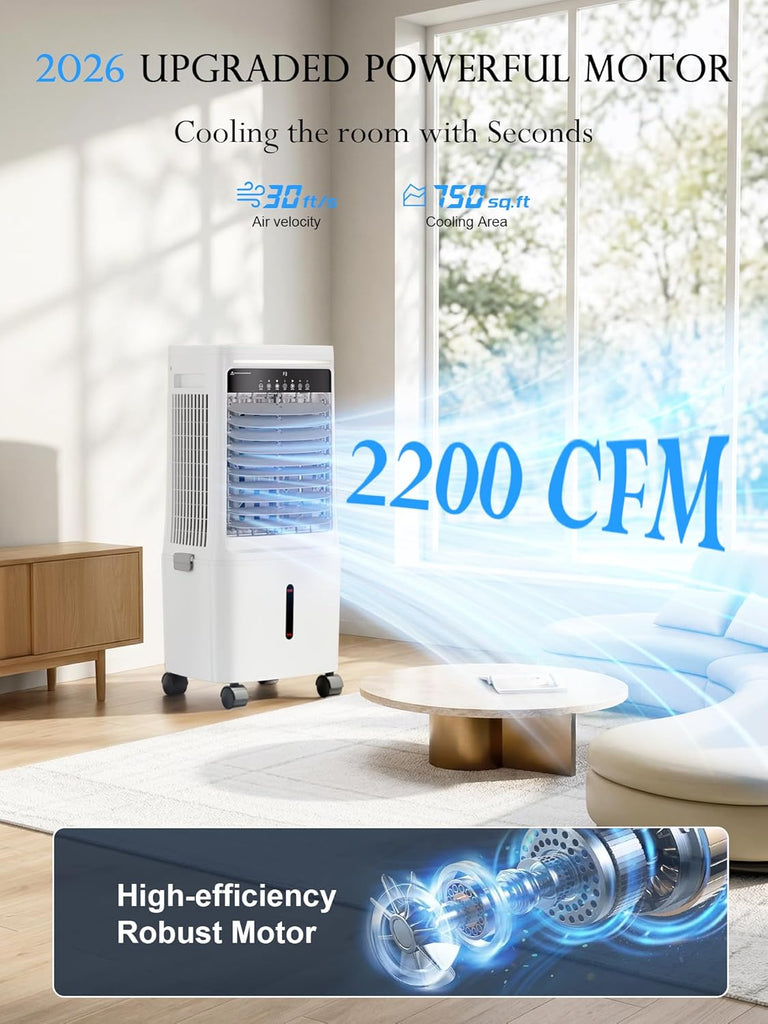 2200CFM Swamp Cooler Air Conditioner, Evaporative Cooler with Dual Water Tanks for 24H Cooling, 120° Oscillating