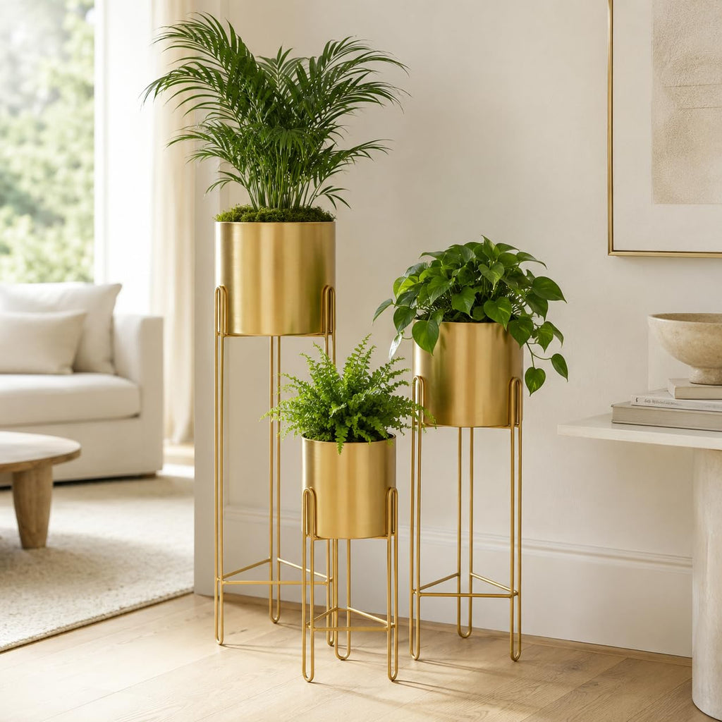 Set of 3 Large Planters with Stand Gold Planter for Indoor Plants 29 &22 &12" Tall Morden Metal Plant Pots Corner