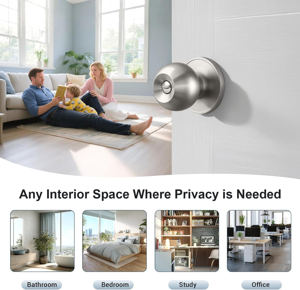 Interior Door Knobs in Brushed Nickel Finish, Keyless Privacy Door Knob, Round Ball Style Door Knob Bathroom, Indoor