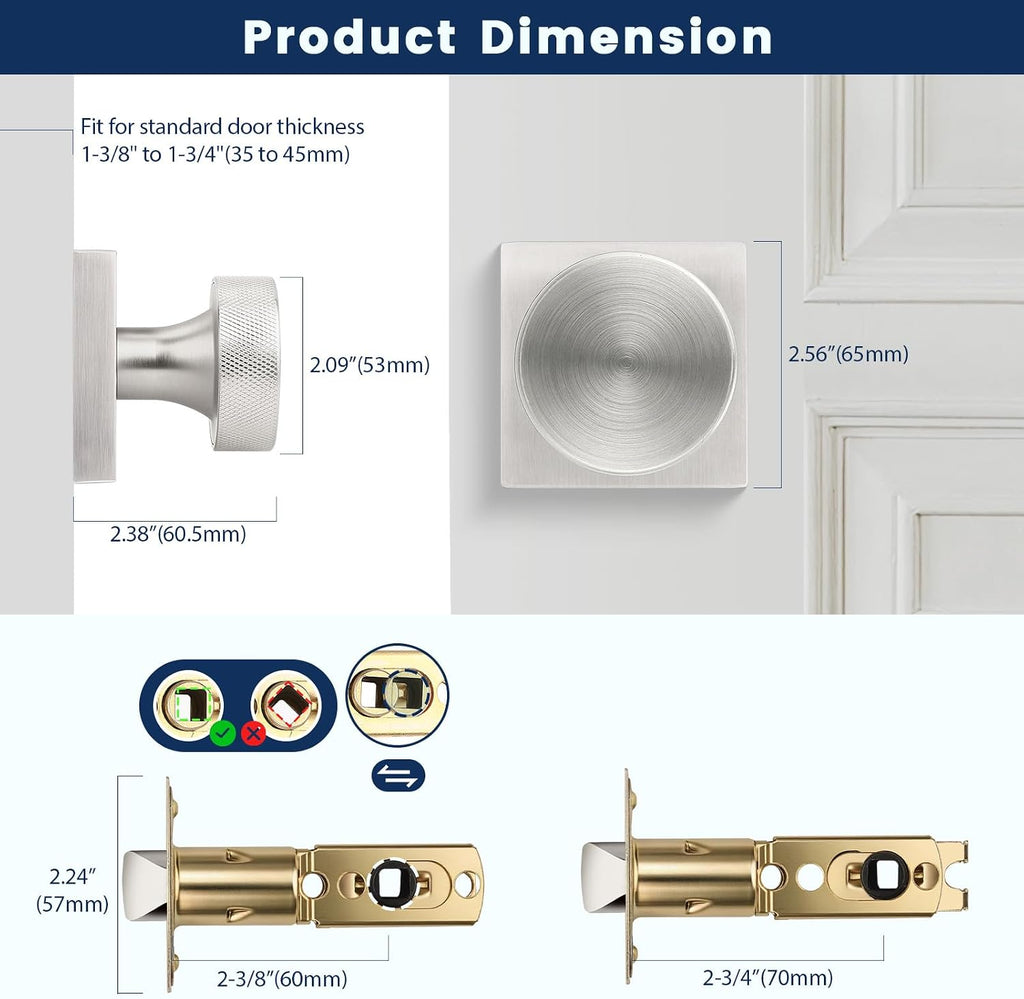 Brushed Nickel Privacy Door Knobs Interior, Zinc Alloy Keyless Stain Nickle Door Knobs with Lock , Knurled Heavy Duty