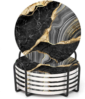 Black and Gold Coasters for Drinks,Round Absorbent Ceramic Stone Coaster with Metal Holder Stand,Black Gold - Set of 6