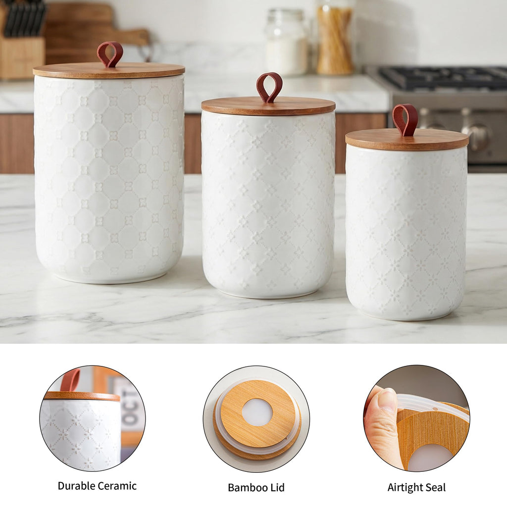 White Ceramic Canisters Set with Airtight Lids, 82/48/30 oz Coffee Canisters Sets for the Kitchen, Large Jars for