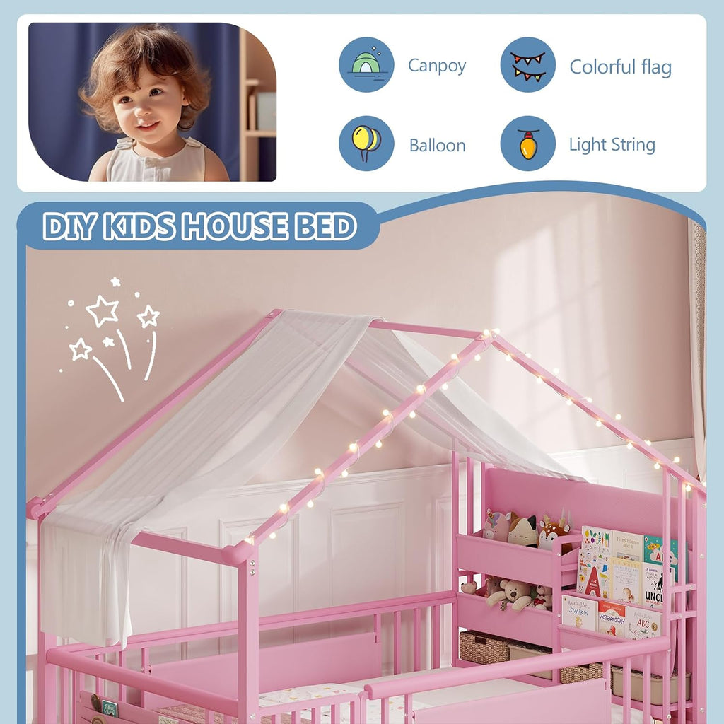 Floor Bed with Storage Bookshelf and Globe String Lights House Montessori Floor Bed for Girls with Safety
