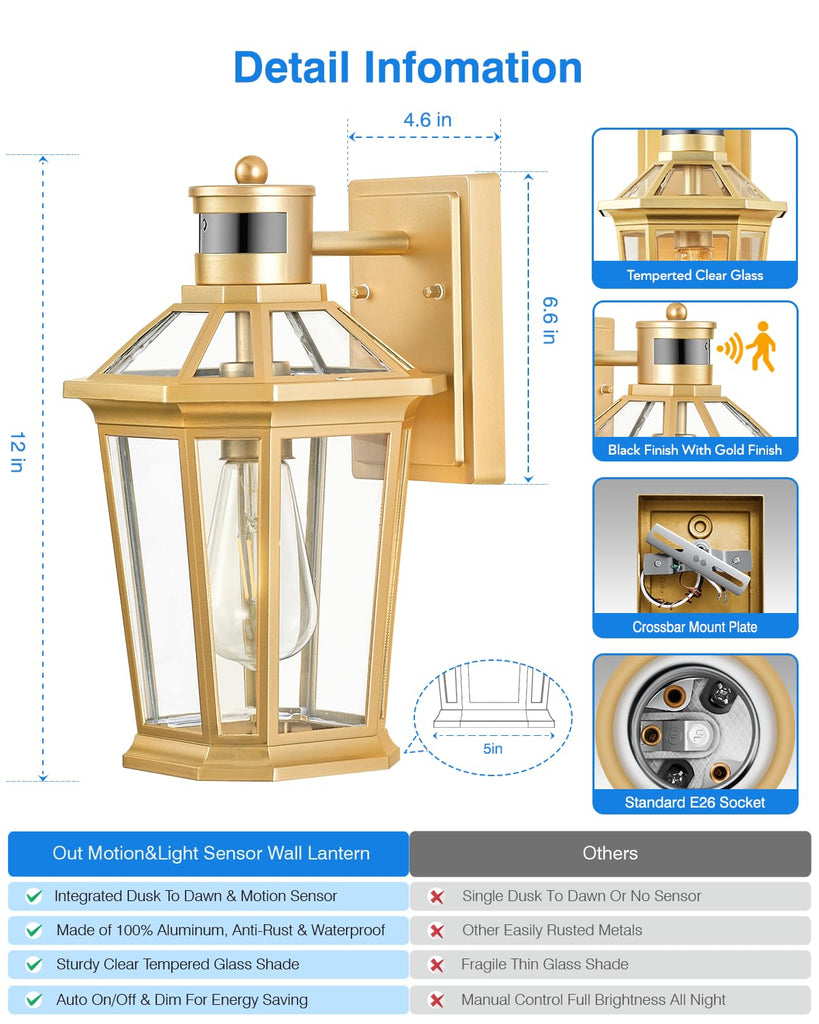 Outdoor Wall Lights Lantern, 2 Pack Gold Motion Sensor Proch Light, Dusk to Dawn Weather Resistant Exterior Lights
