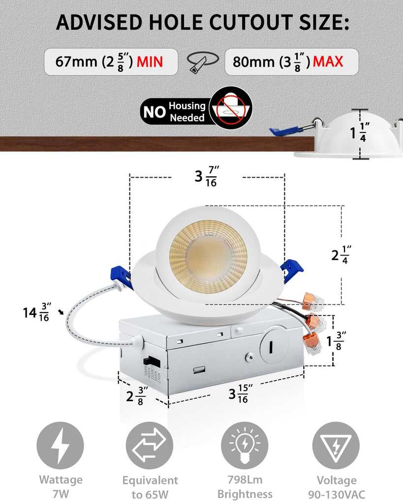 4 Pack 3 inch 5CCT LED Eyeball Gimbal Recessed Light, Dimmable