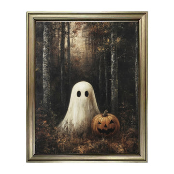 Vintage Framed Halloween Wall Art Dark Forest With Ghost Canvas Print Rustic Farmhouse Painting