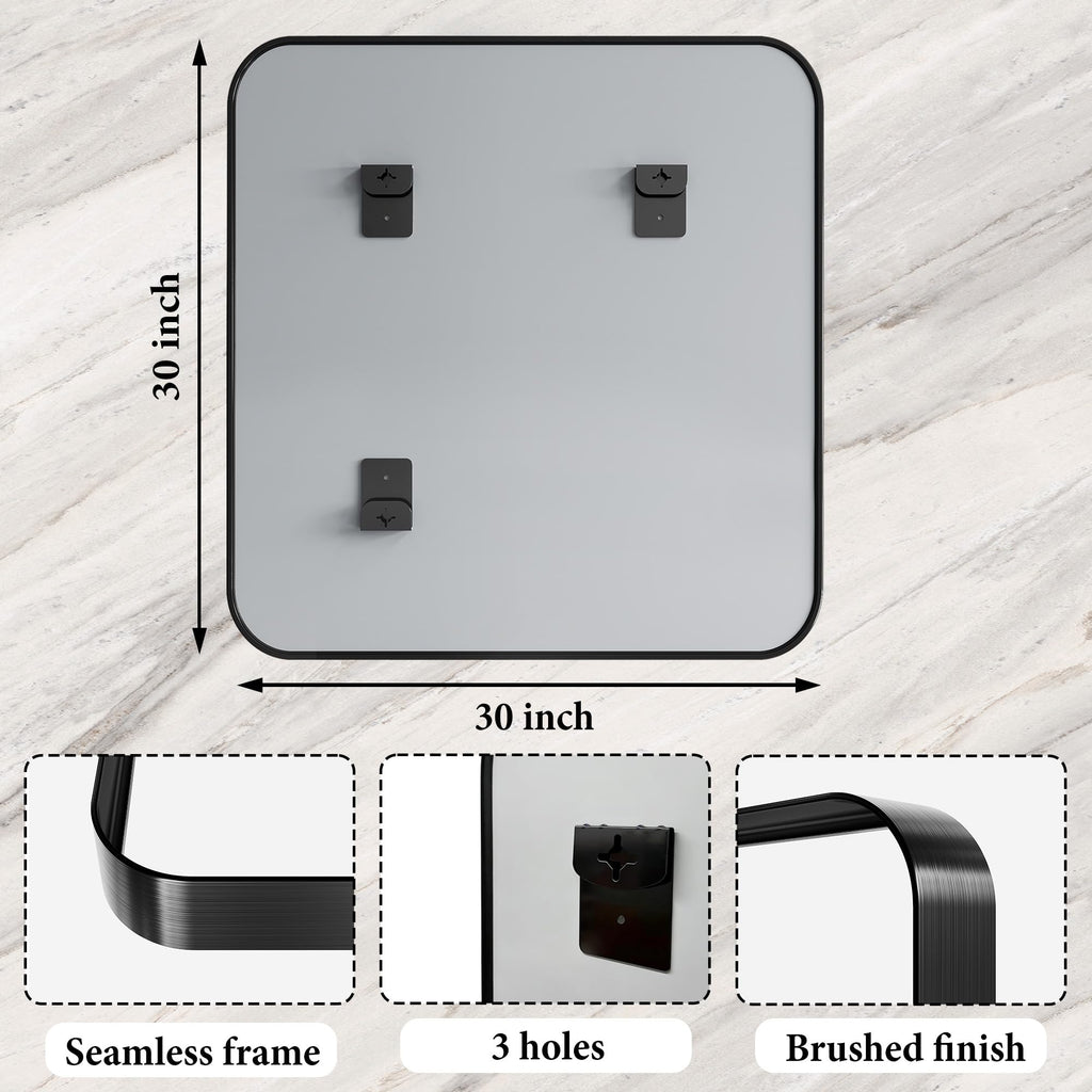 Bathroom Mirror for Wall, 30 Inch Square Mirror, Matte Black Metal Framed