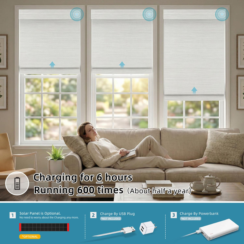 Motorized Natural Woven Wood Roman Shades, Linen Ramie 05E2