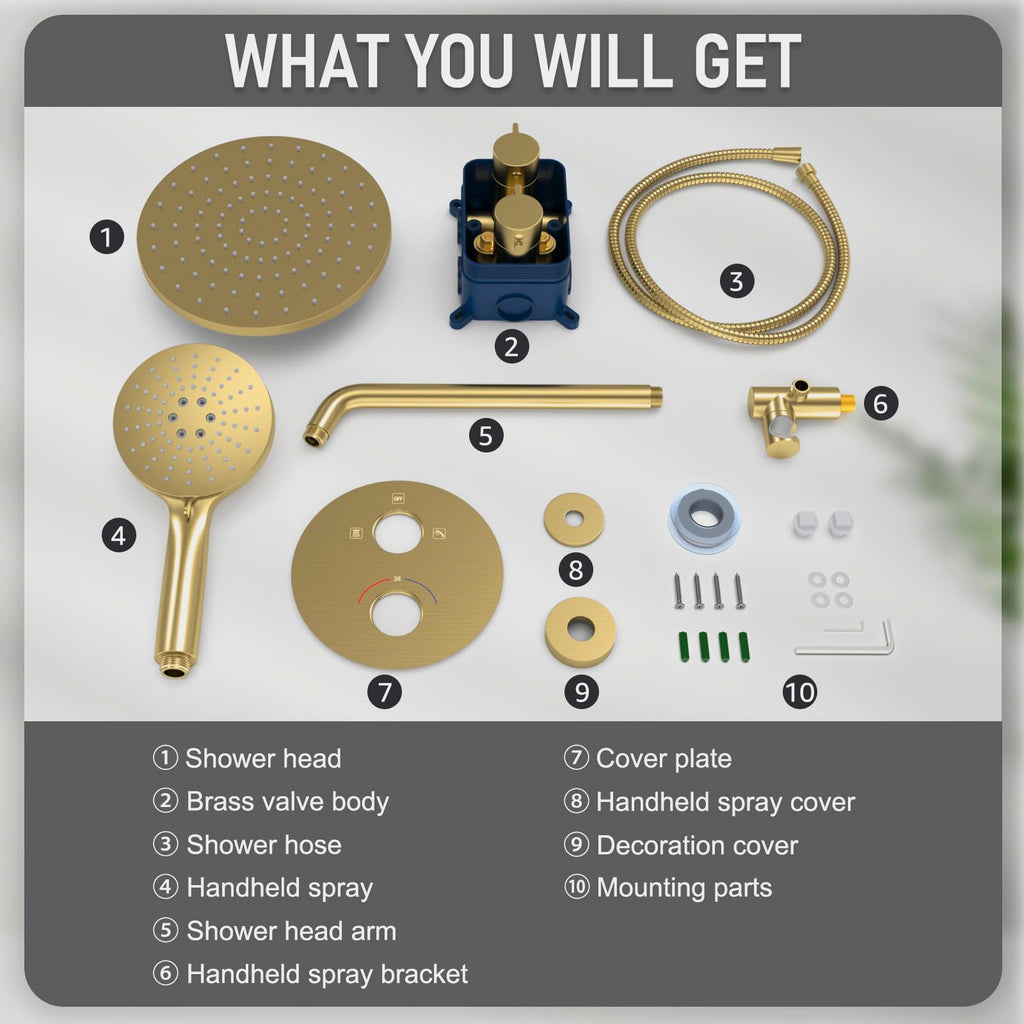 Thermostatic Shower System Wall Mount with 10 Inch Roud Rainfall Shower Head and Handheld,Shower Faucet Mixer Trim
