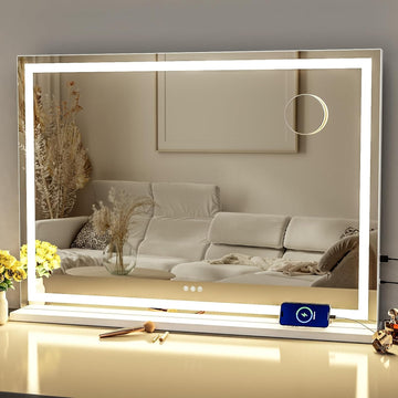 Makeup Vanity Mirror with Lights 32" x 24" Large LED Makeup Mirror, Light up Mirror with 10X Magnification and USB