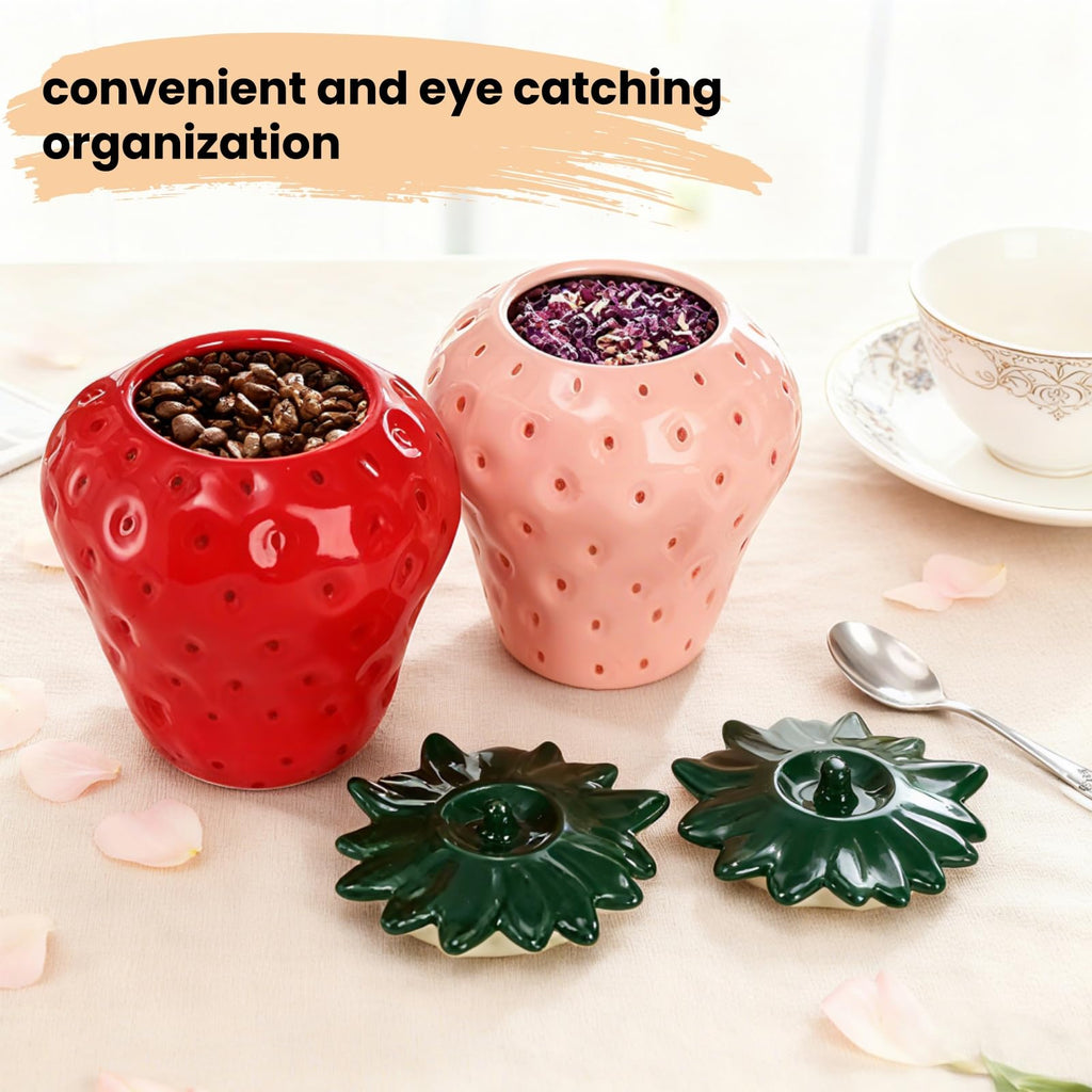2 Pack Strawberry Storage Jars, 14 OZ Ceramic Cookie Containers with Airtight Lids, Cute Sugar Canisters Set, Candy