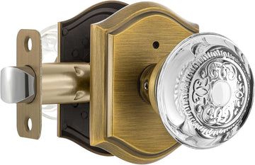 Glass Door Knobs Interior with Lock, Vintage Crystal Privacy Antique Brass Door Knobs Bathroom, 1 Pack