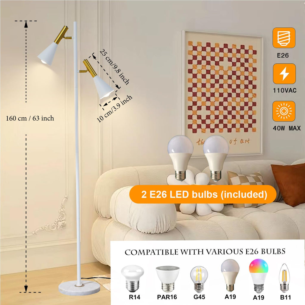 Elegant Modern Floor Lamp with 2 Adjustable Head, White and Gold Stand up Lamps with Marble Base, Tall Pole