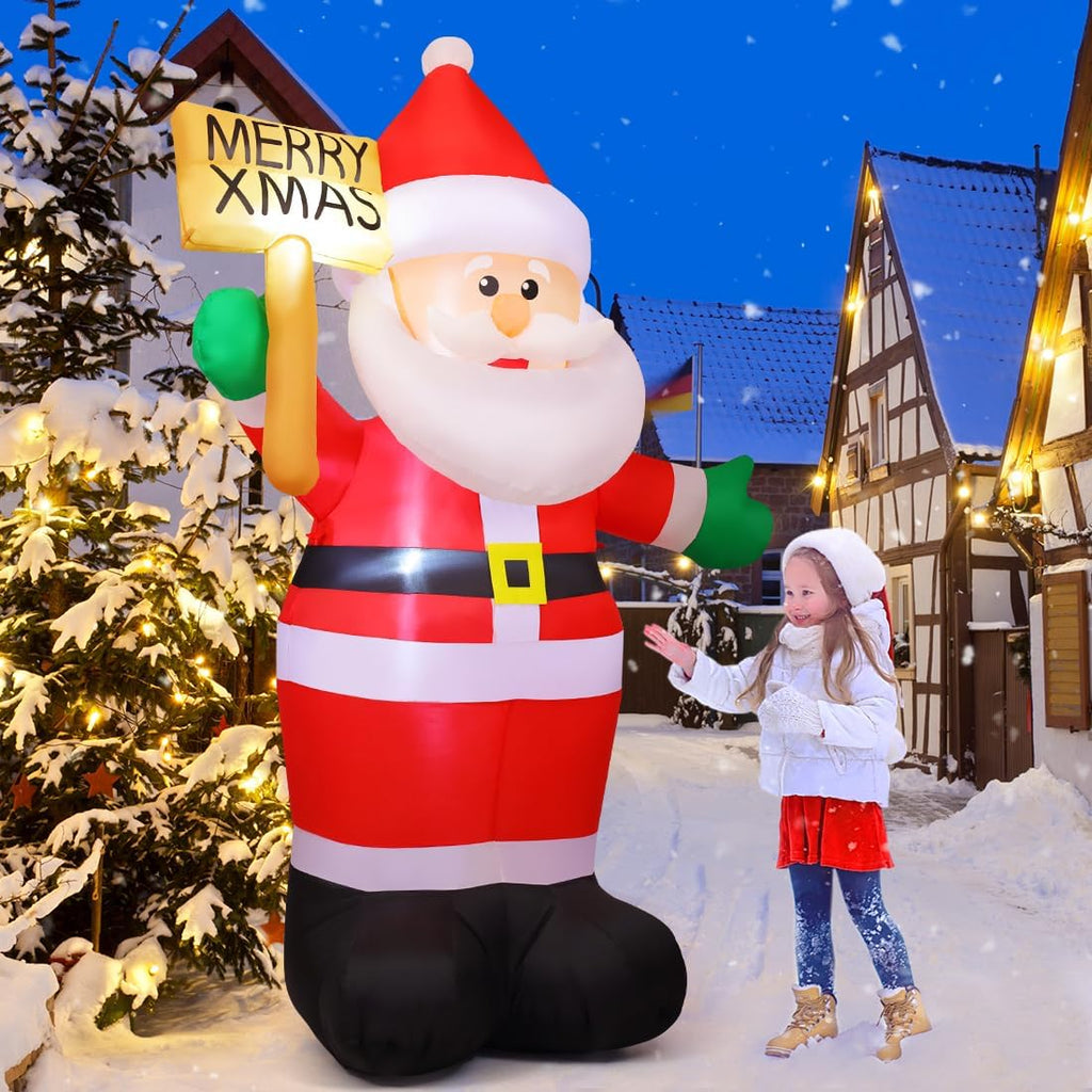 8 FT Christmas Inflatables Santa Claus Outdoor Decorations Blow Up Yard Santa Claus Holding Merry Xmas Sign with