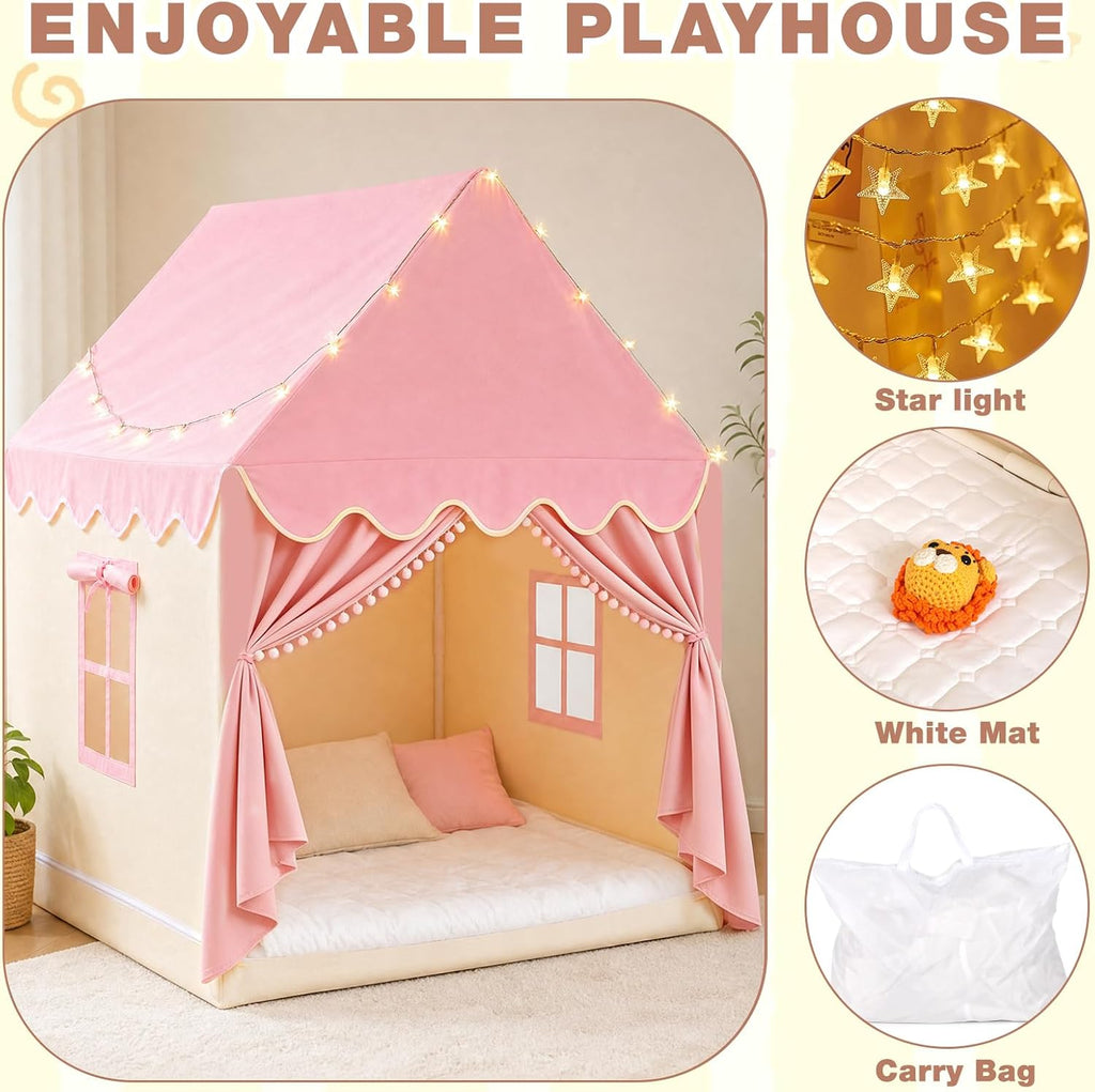 Large Kids Play Tent with Mat & Star Lights, Pink Princess Tent for Girl