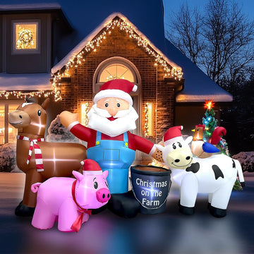 8ft Long Christmas Inflatables Santa Farm Scene Decorations Built-in LED Lighted Blow Up Decoration Home Yard Outdoor