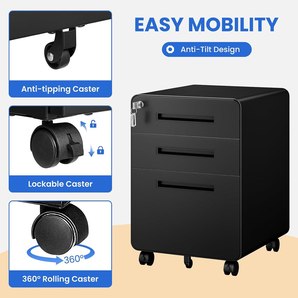 Mobile Filing Cabinet 3 Drawer, Rolling Small File Cabinet with Keys Under Desk, Modern Black Filing Cabinets with